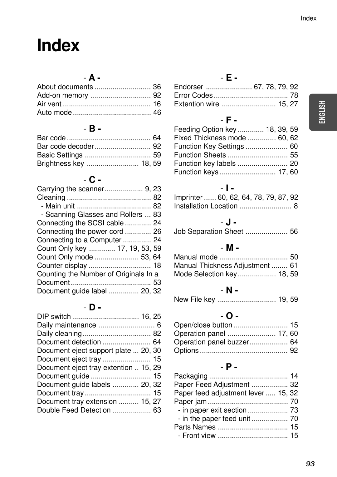 Canon DR-5080C, DR-5020 manual Index 