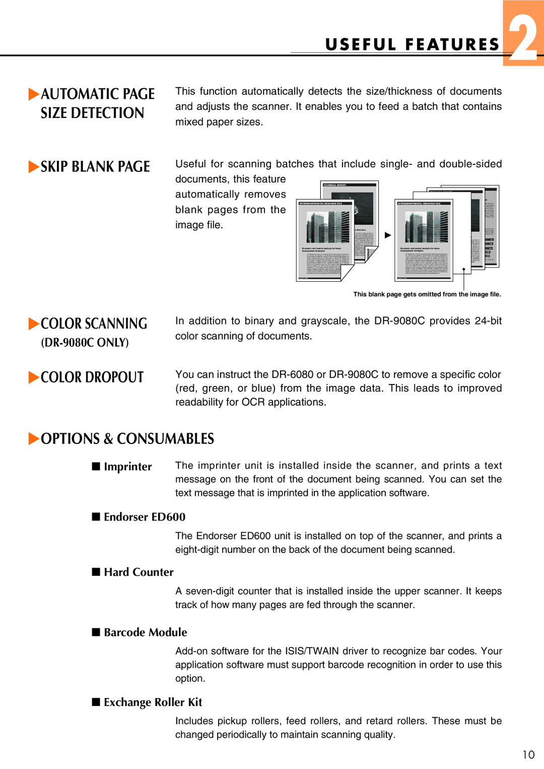 Canon DR-6080 manual Size Detection, Useful Features, Color Scanning, Color Dropout, Options & Consumables 