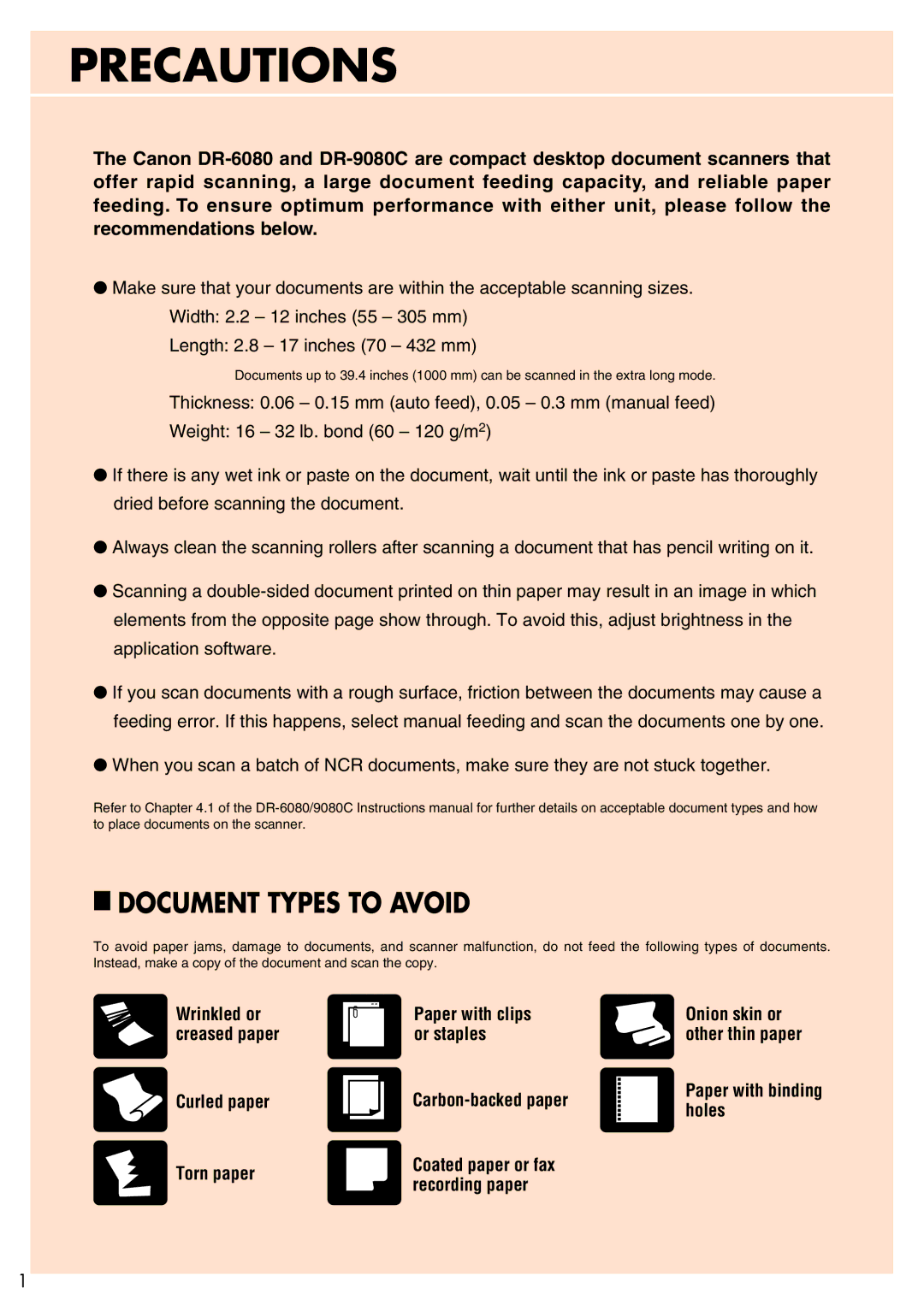 Canon DR-6080 manual Precautions 