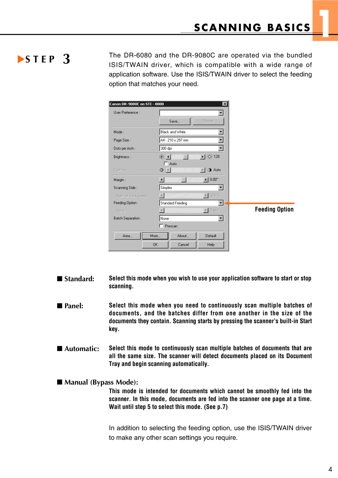 Canon DR-6080 manual Scanning Basics, Standard Panel, Manual Bypass Mode 