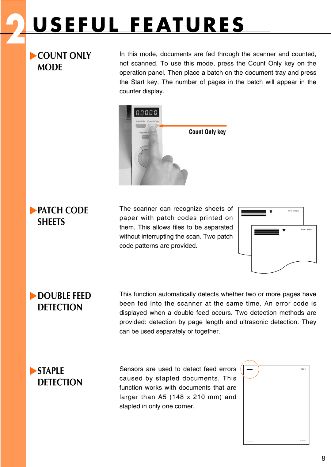 Canon DR-6080 manual Count only Mode, Patch Code Sheets Double Feed Detection, Staple Detection 