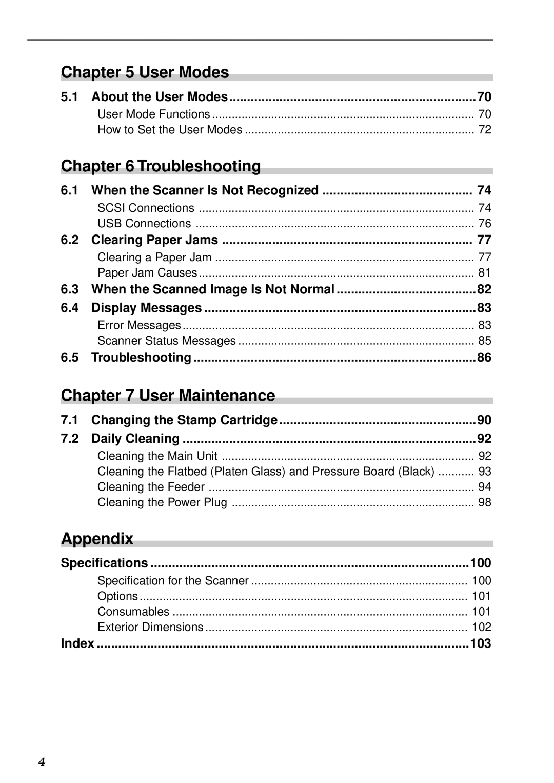 Canon DR-7080C manual About the User Modes, When the Scanner Is Not Recognized, Clearing Paper Jams, Troubleshooting, Index 