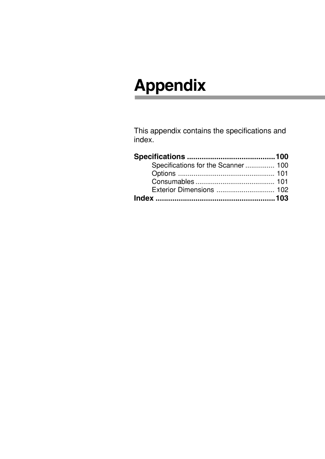 Canon DR-7080C manual Appendix, Specifications 100, Index 103 