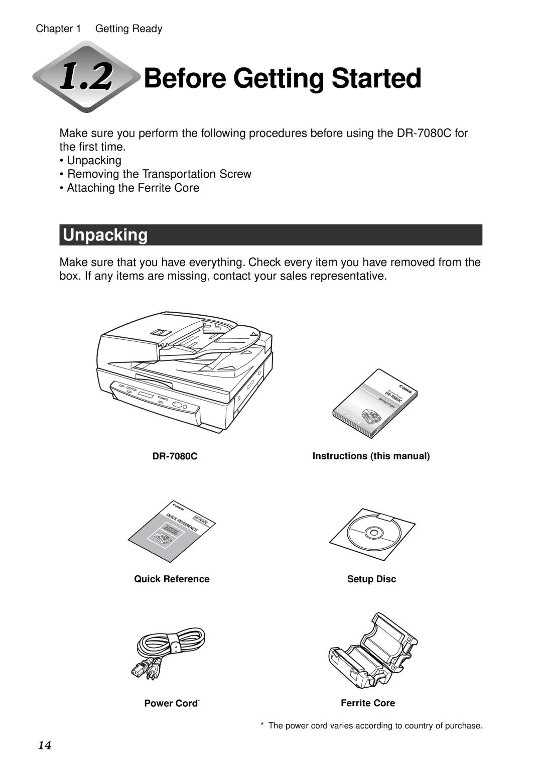 Canon DR-7080C manual Before Getting Started, Unpacking 