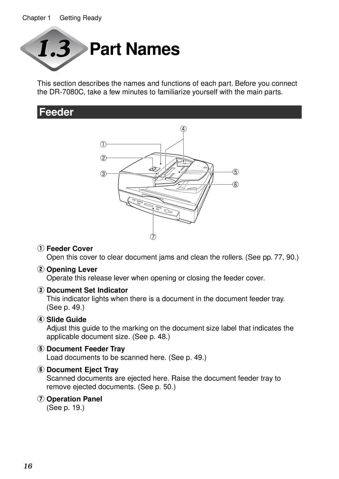 Canon DR-7080C manual Part Names, Feeder 