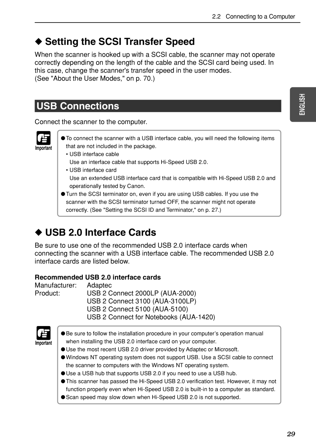 Canon DR-7080C manual Setting the Scsi Transfer Speed, USB Connections, USB 2.0 Interface Cards 