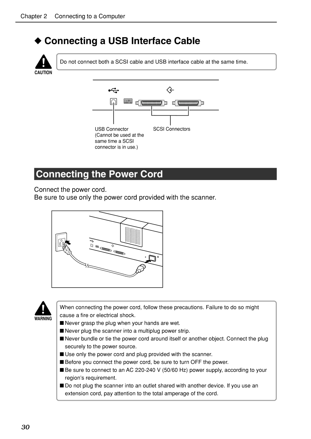 Canon DR-7080C manual Connecting a USB Interface Cable, Connecting the Power Cord 