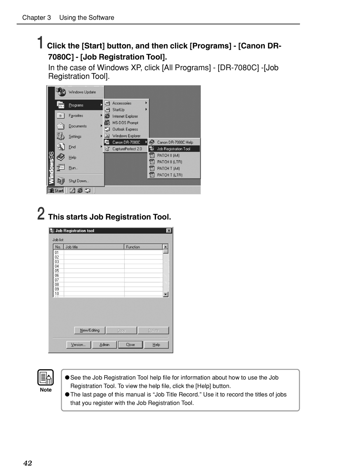 Canon DR-7080C manual This starts Job Registration Tool 