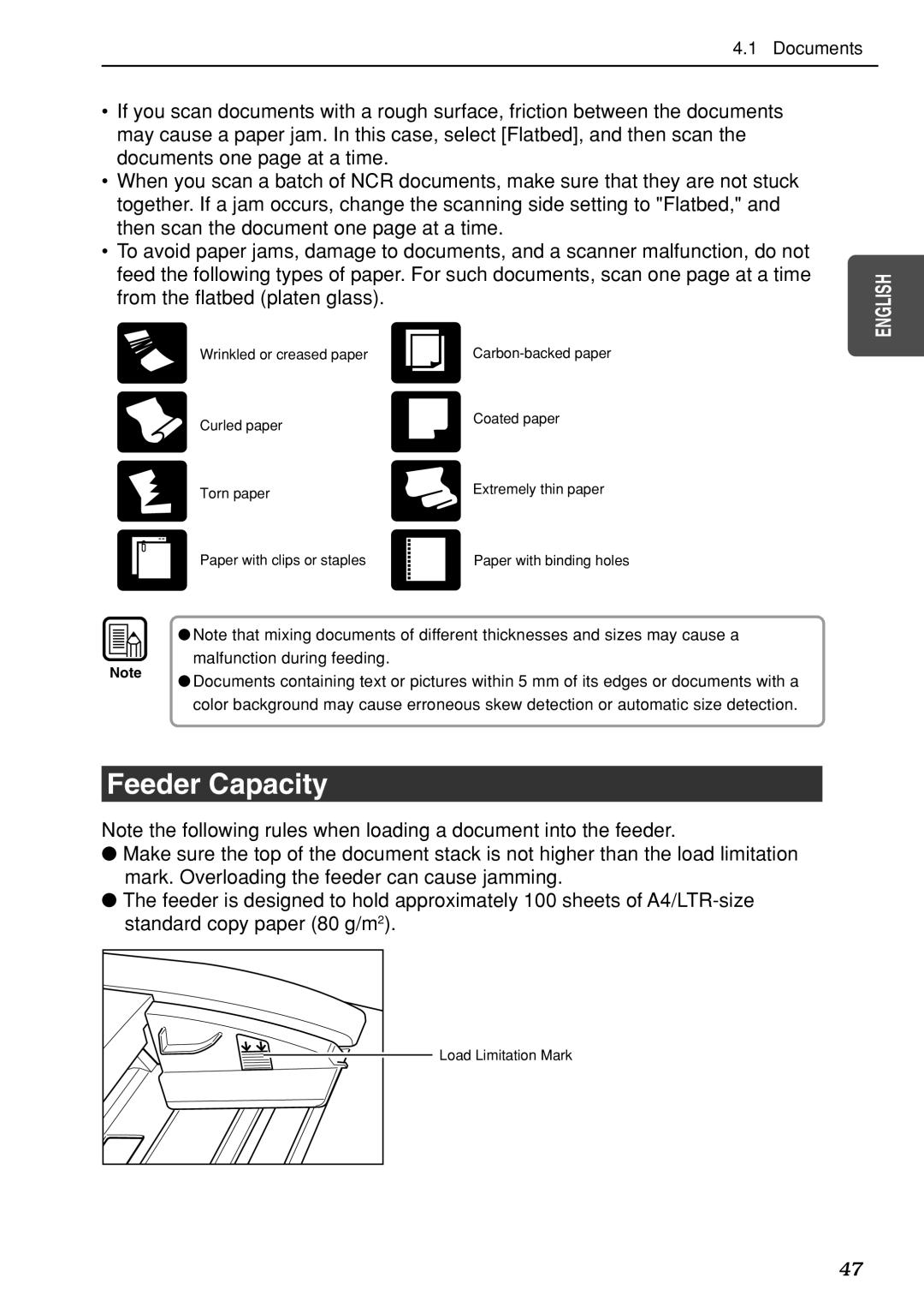 Canon DR-7080C manual Feeder Capacity, Malfunction during feeding 