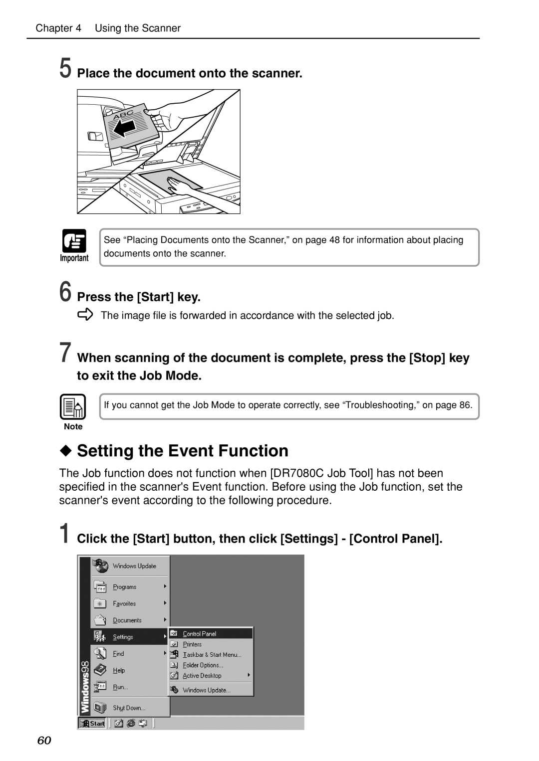 Canon DR-7080C manual Setting the Event Function, Click the Start button, then click Settings Control Panel 