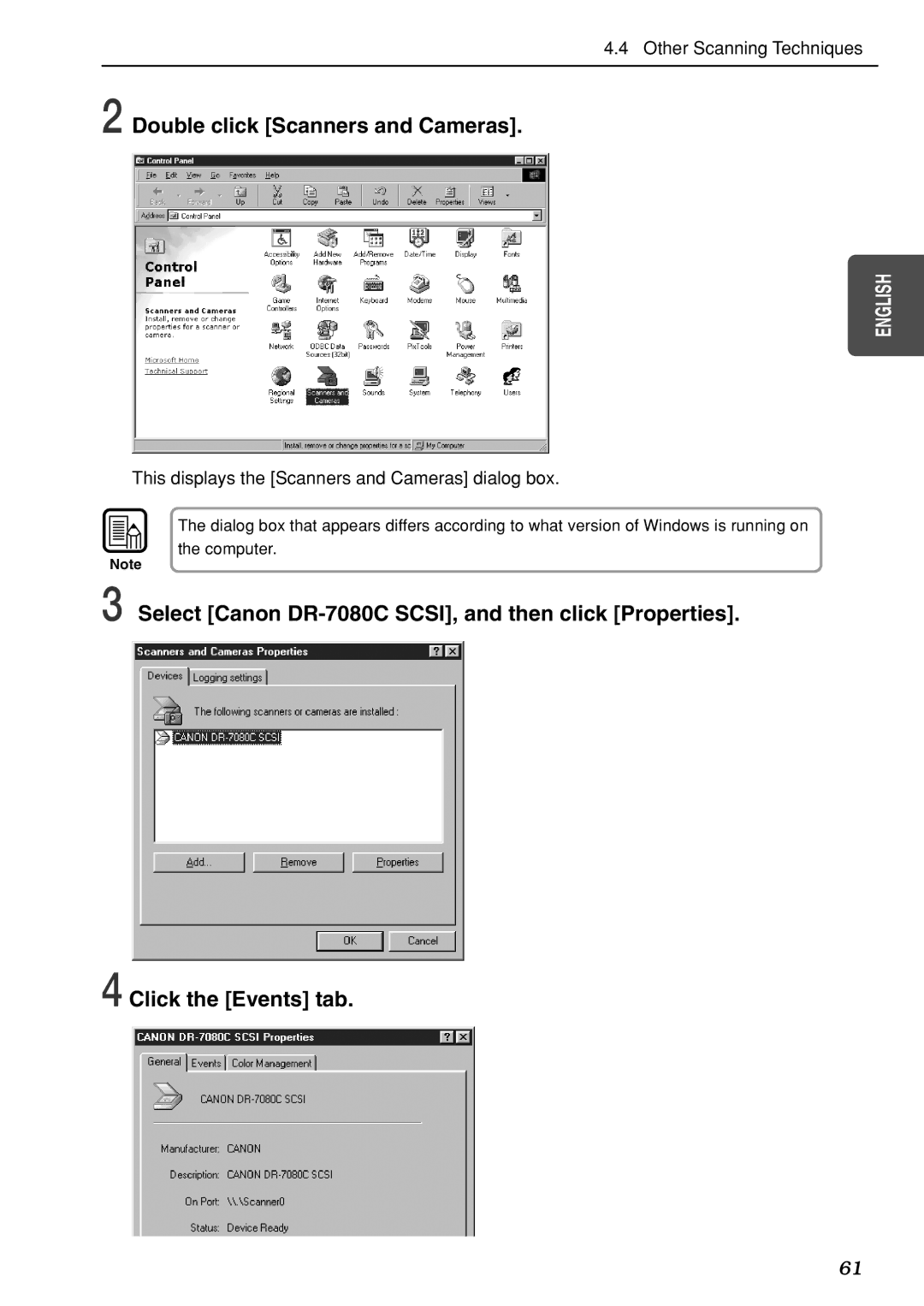 Canon DR-7080C manual Double click Scanners and Cameras, This displays the Scanners and Cameras dialog box 