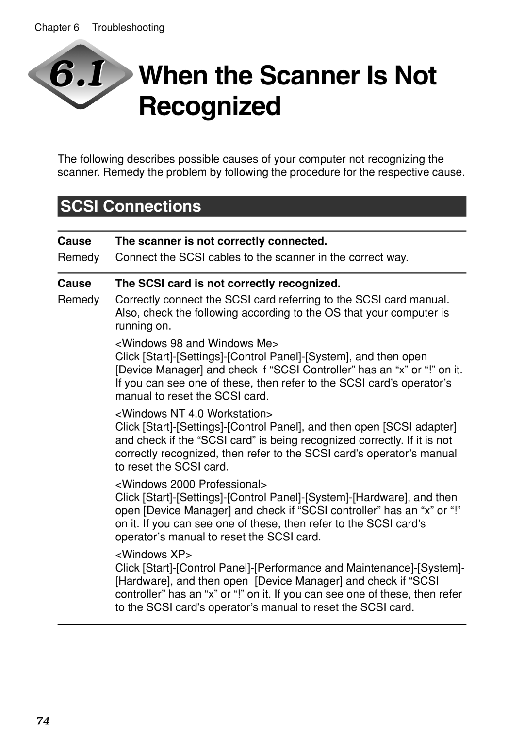 Canon DR-7080C manual When the Scanner Is Not Recognized, Cause Scanner is not correctly connected 