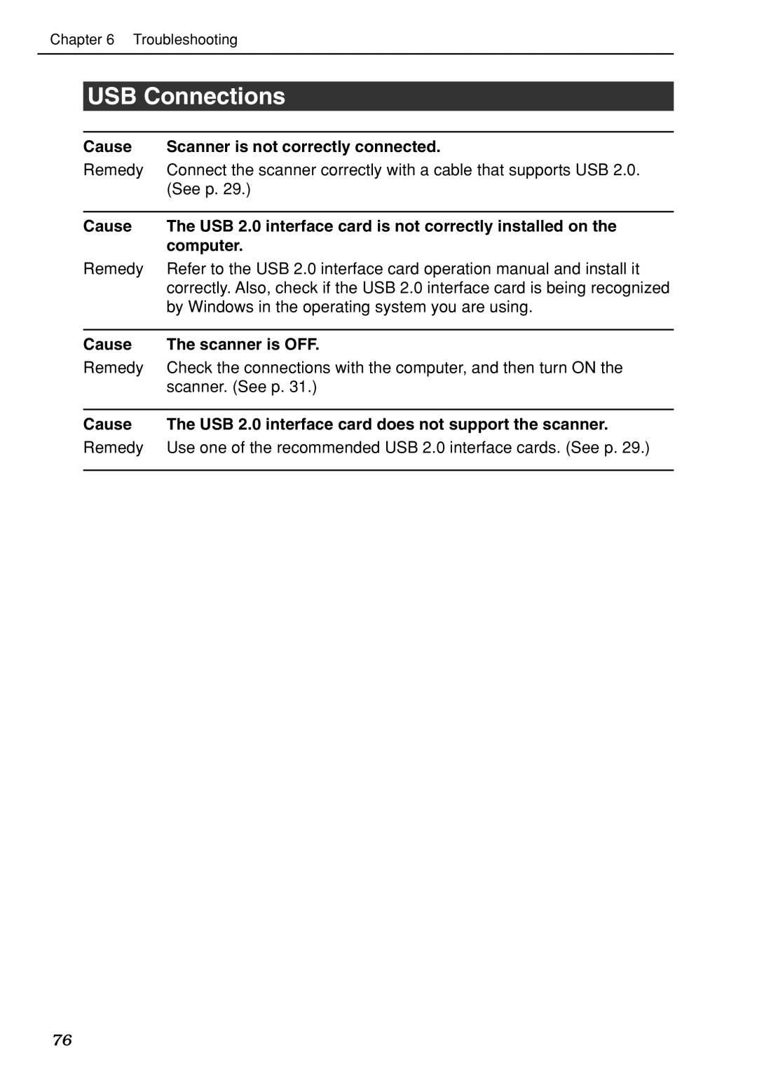 Canon DR-7080C manual USB Connections, Cause USB 2.0 interface card does not support the scanner 