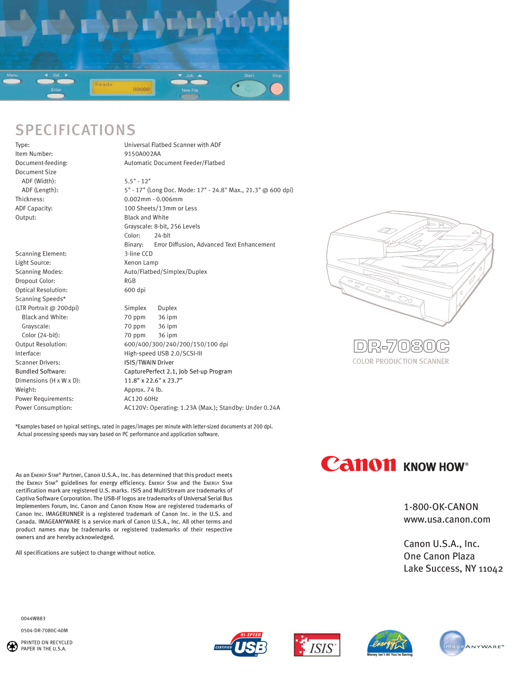 Canon DR-7080C manual Specifications 