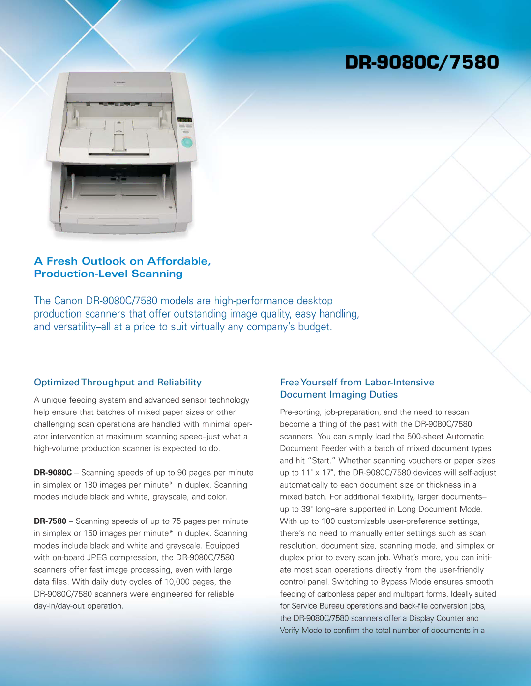 Canon DR-9080C manual Fresh Outlook on Affordable Production-Level Scanning, Optimized Throughput and Reliability 