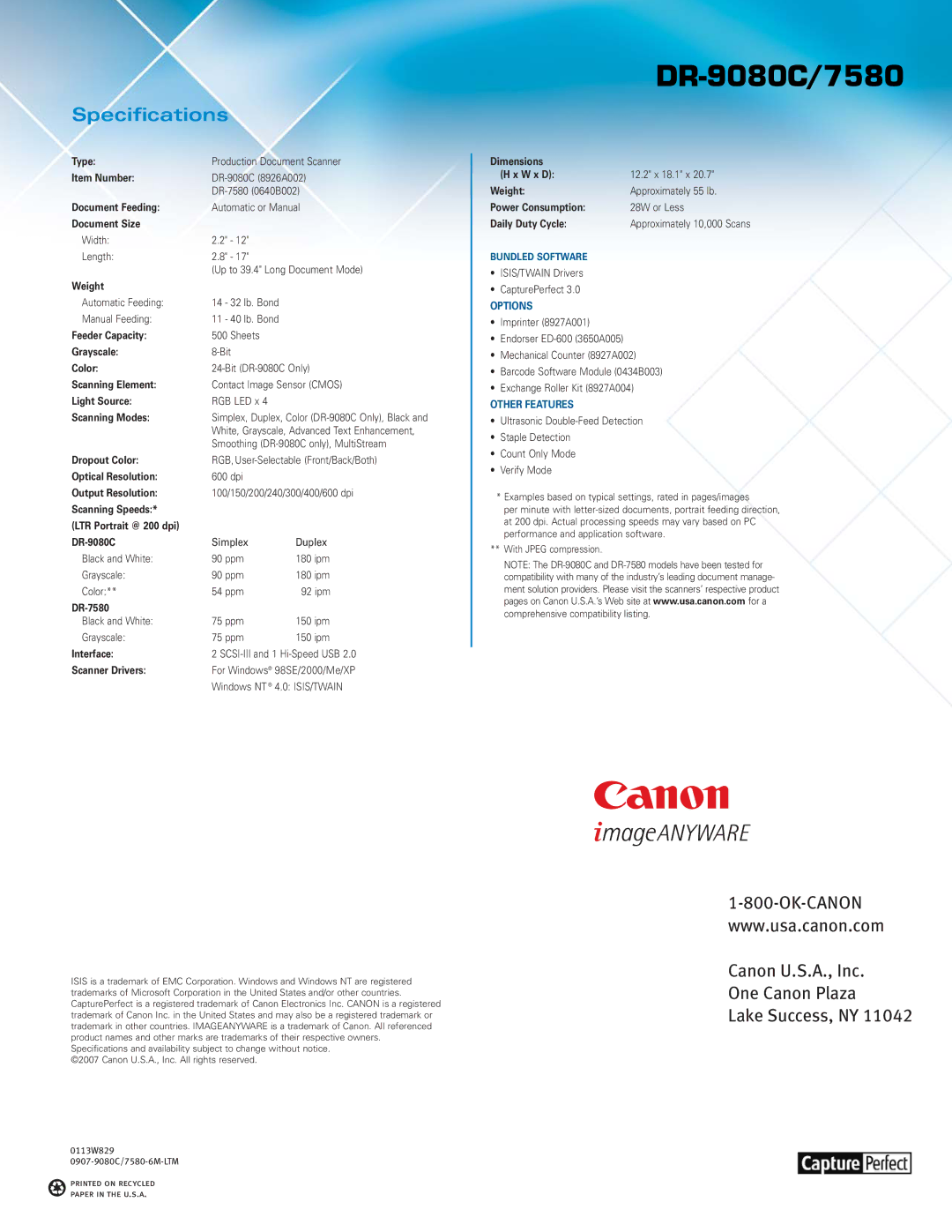 Canon DR-9080C manual Specifications, Scanning Modes 