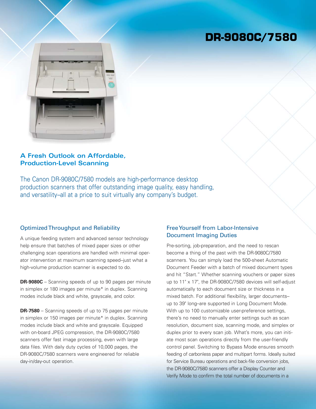 Canon DR-9080C manual A Fresh Outlook on Affordable Production-Level Scanning, Optimized Throughput and Reliability 