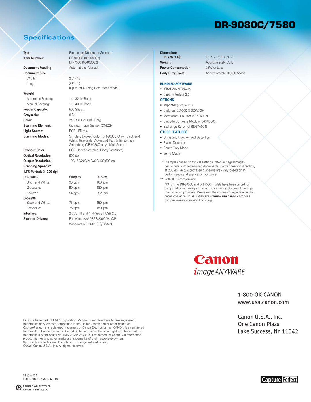 Canon DR-9080C manual Specifications, Canon U.S.A., Inc One Canon Plaza Lake Success, NY, Bundled Software, Options 