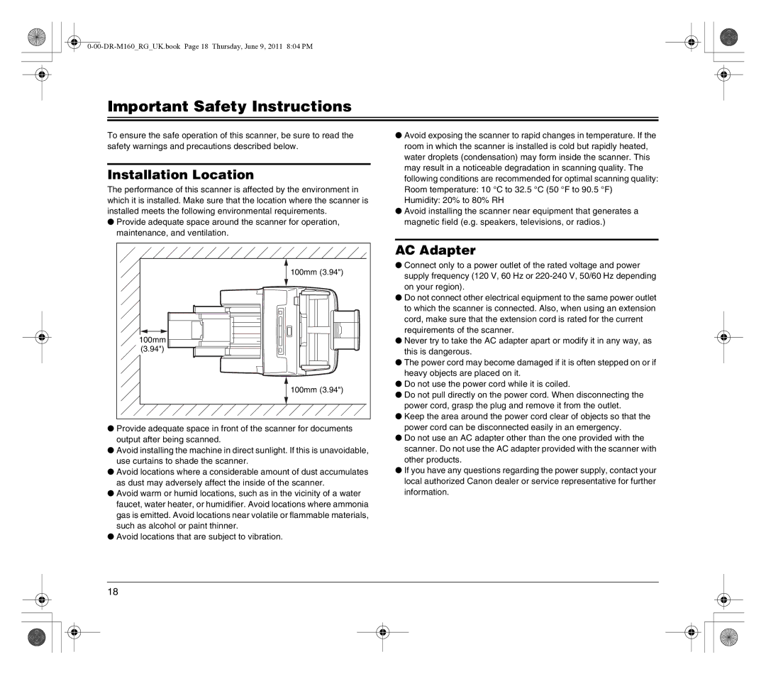 Canon DR-M160 manual Important Safety Instructions, Installation Location, AC Adapter 