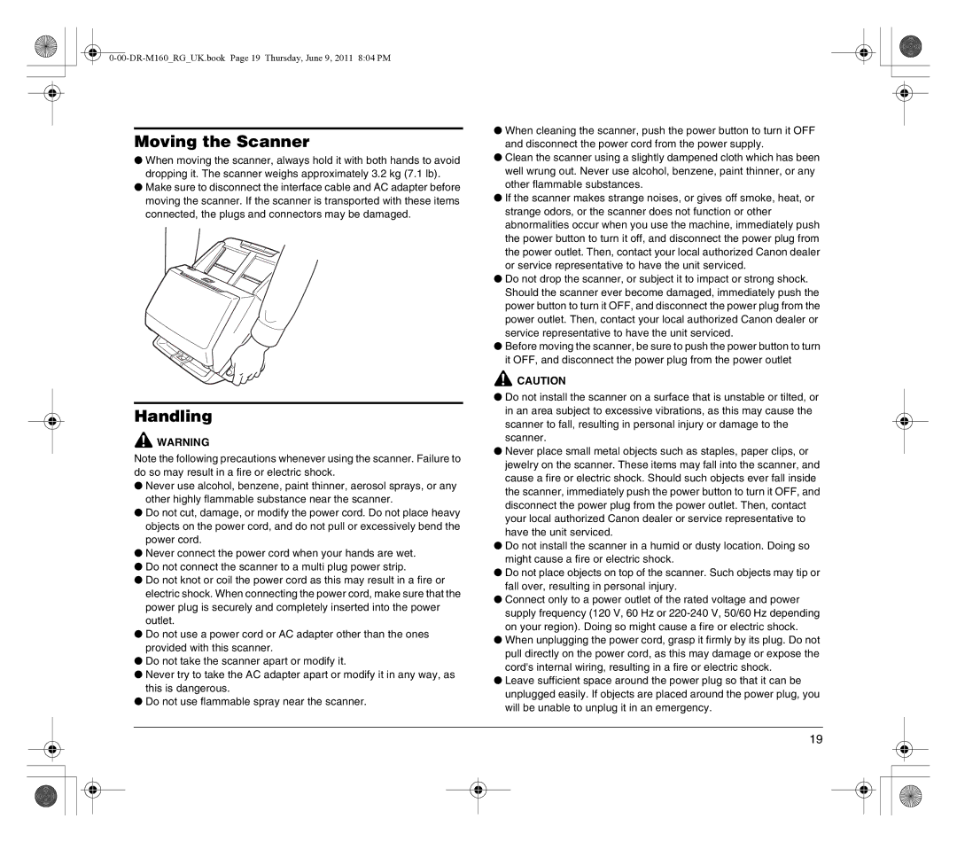 Canon DR-M160 manual Moving the Scanner, Handling 