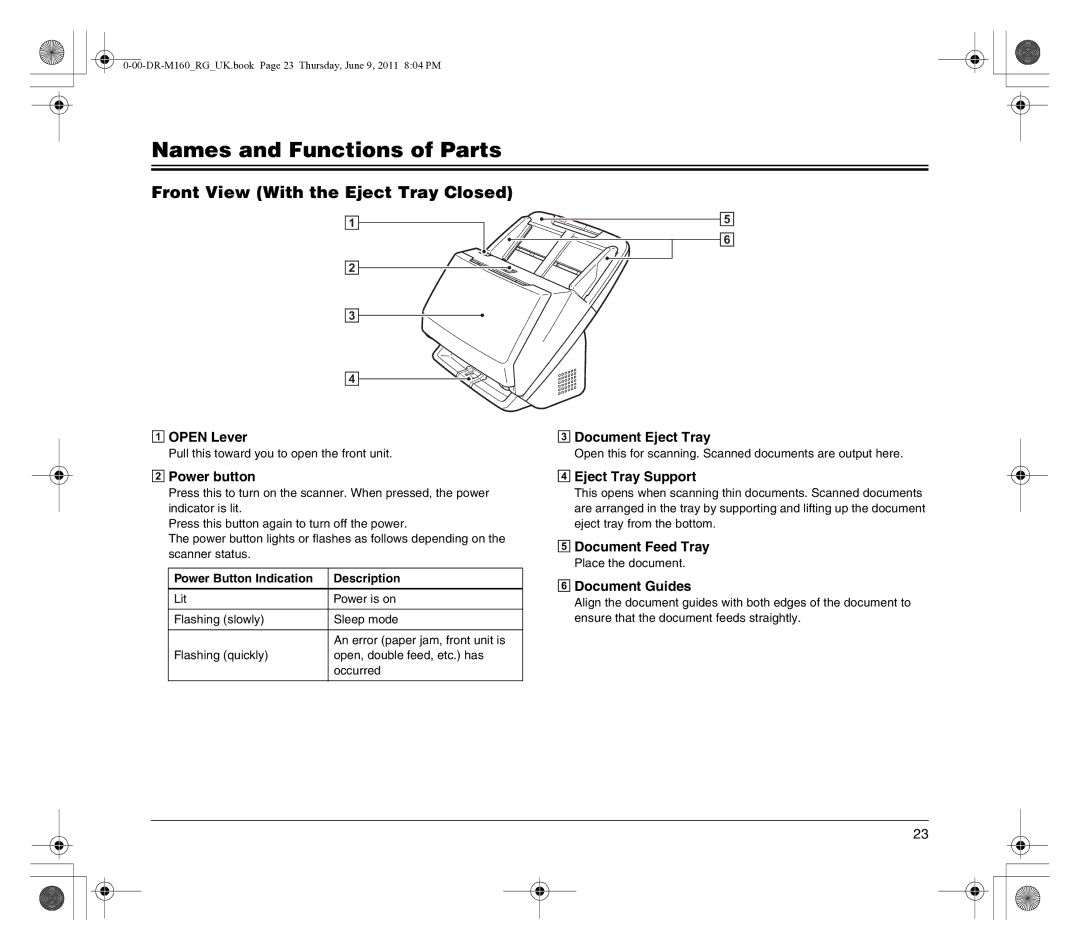 Canon DR-M160 manual Names and Functions of Parts, Front View With the Eject Tray Closed 