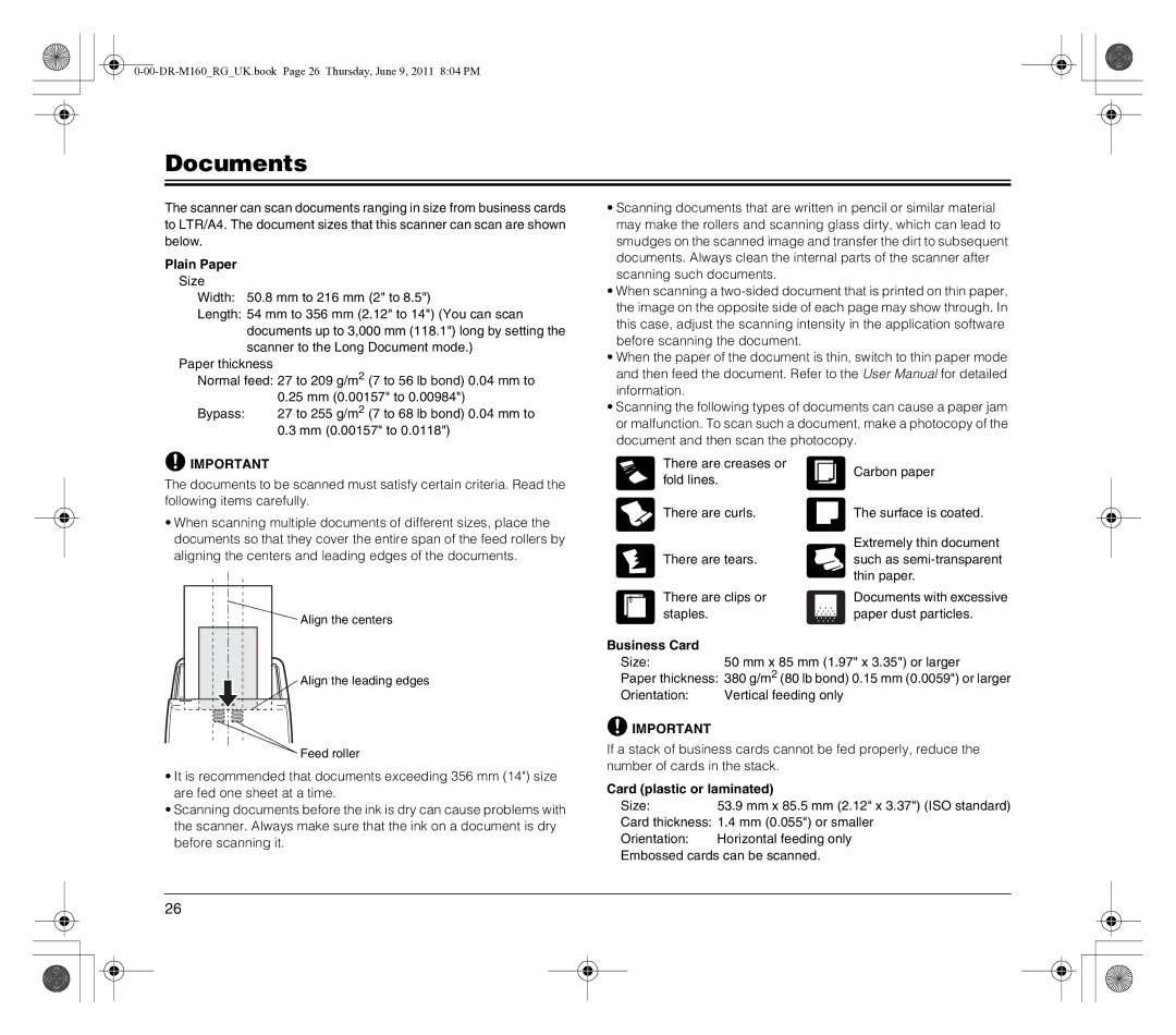 Canon DR-M160 manual Documents, Plain Paper, Business Card, Card plastic or laminated 