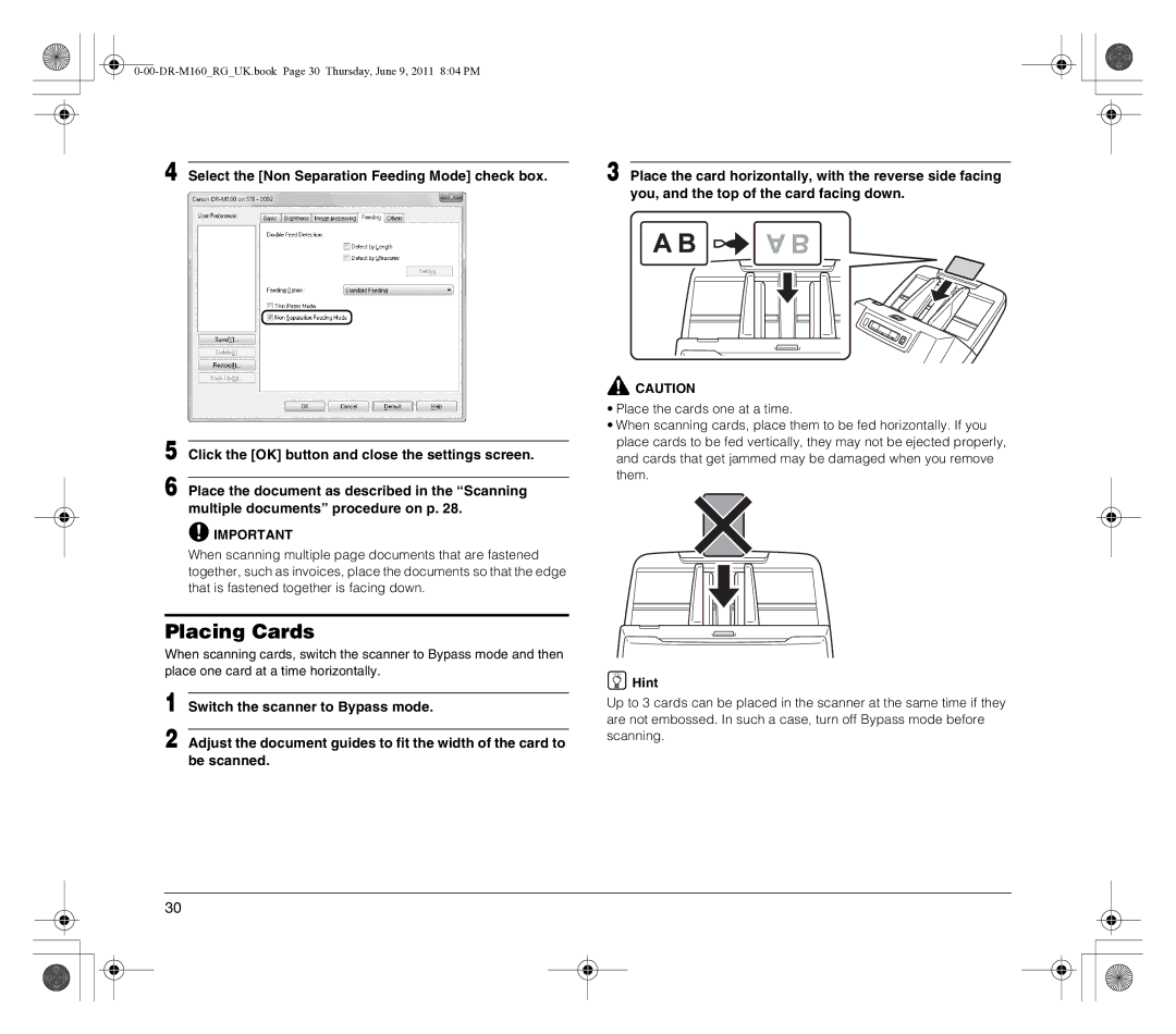 Canon DR-M160 manual Placing Cards, Hint 