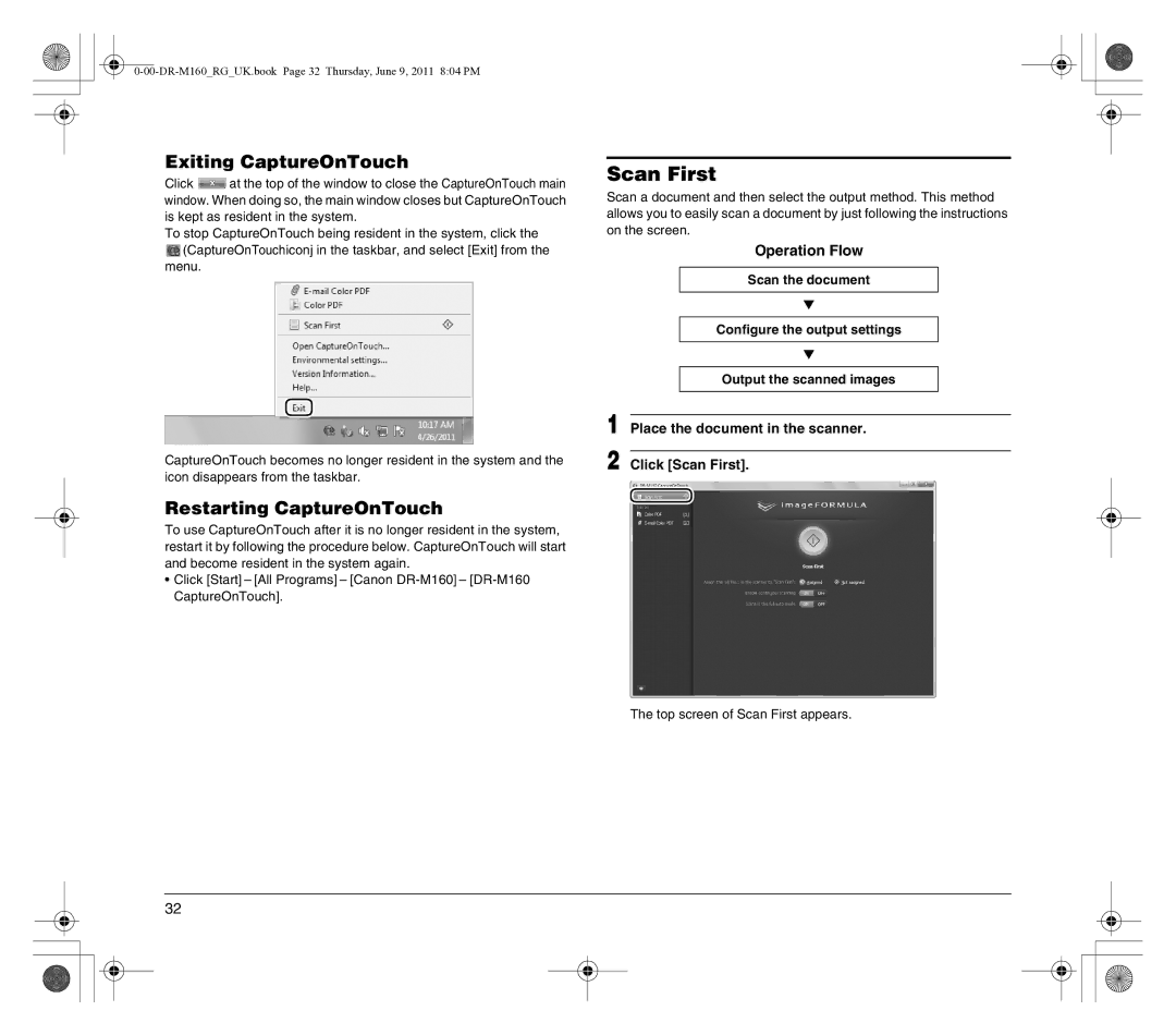 Canon DR-M160 manual Scan First, Exiting CaptureOnTouch, Restarting CaptureOnTouch, Operation Flow 