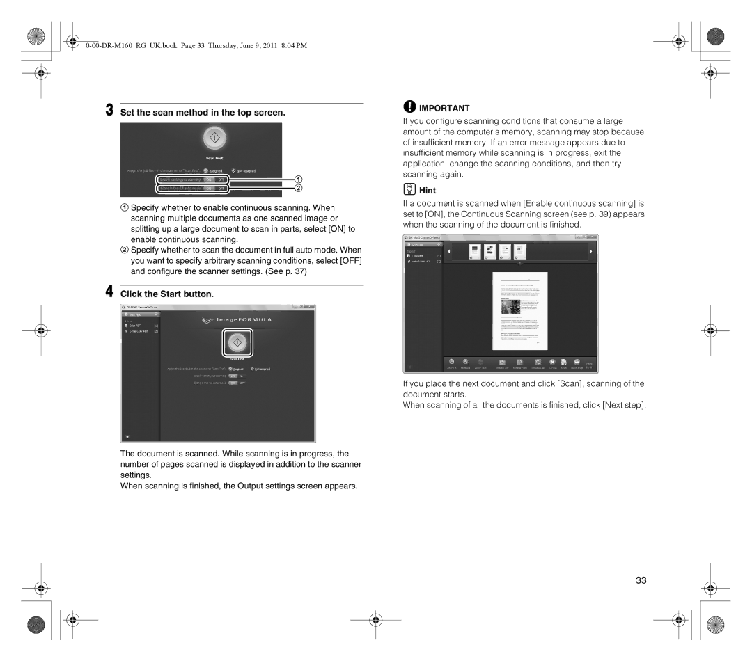 Canon DR-M160 manual Set the scan method in the top screen, Click the Start button 