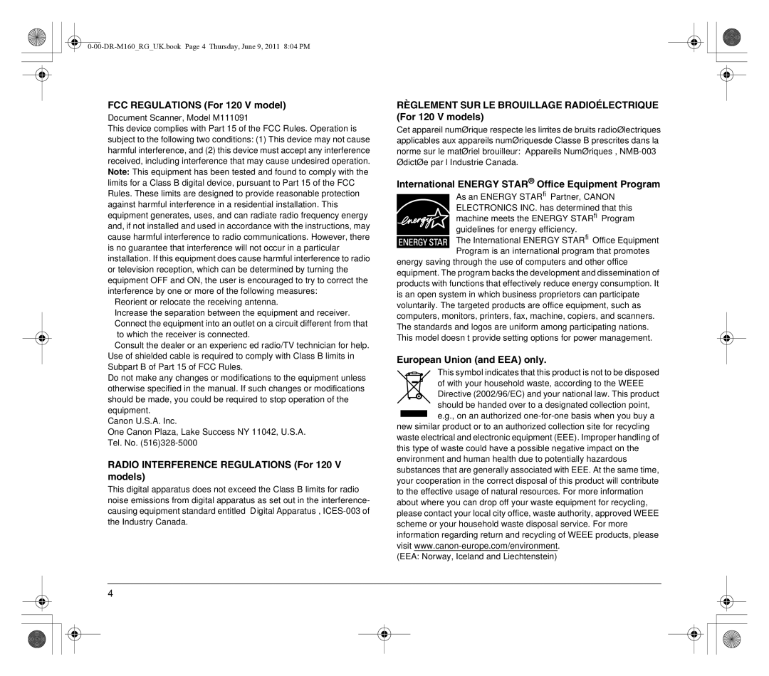 Canon DR-M160 manual FCC Regulations For 120 V model, Radio Interference Regulations For 120 V models 