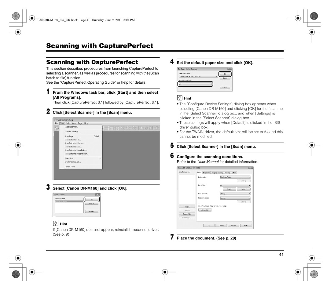 Canon DR-M160 manual Scanning with CapturePerfect, Set the default paper size and click OK Hint 