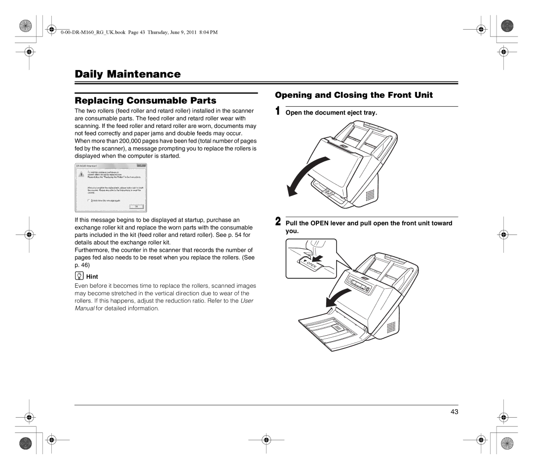 Canon DR-M160 manual Daily Maintenance, Replacing Consumable Parts, Opening and Closing the Front Unit 