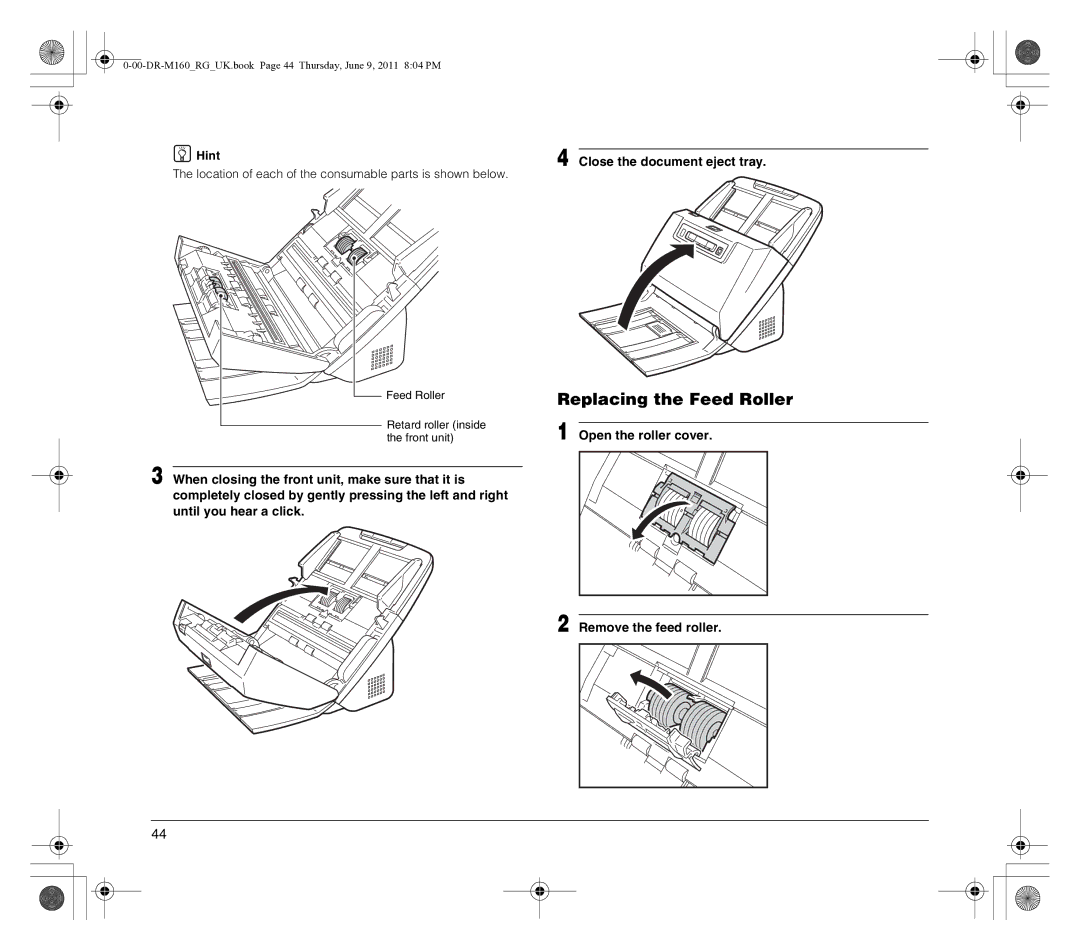 Canon DR-M160 manual Replacing the Feed Roller, Open the roller cover Remove the feed roller 