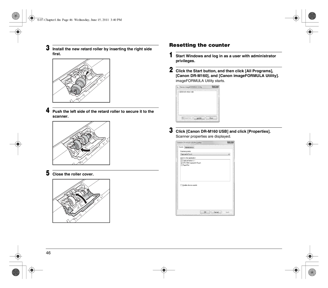 Canon manual Resetting the counter, Click Canon DR-M160 USB and click Properties 