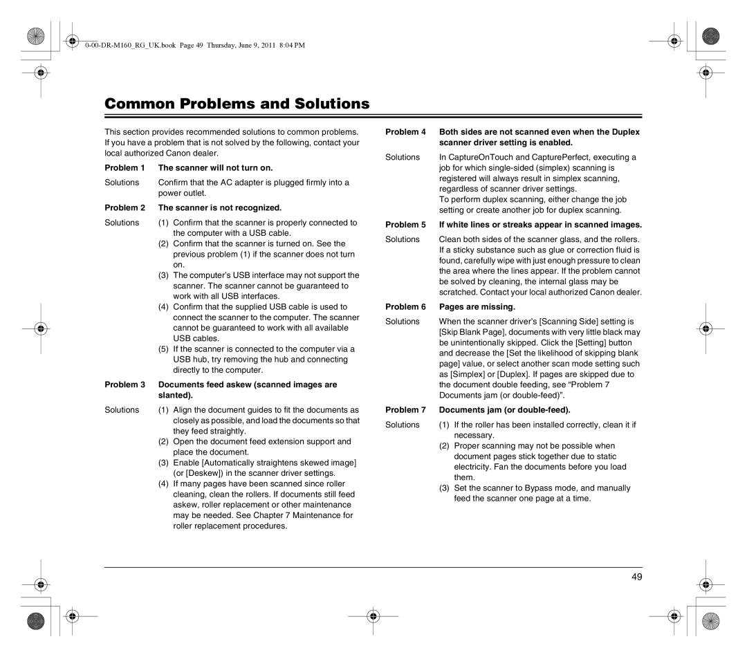 Canon DR-M160 manual Common Problems and Solutions 