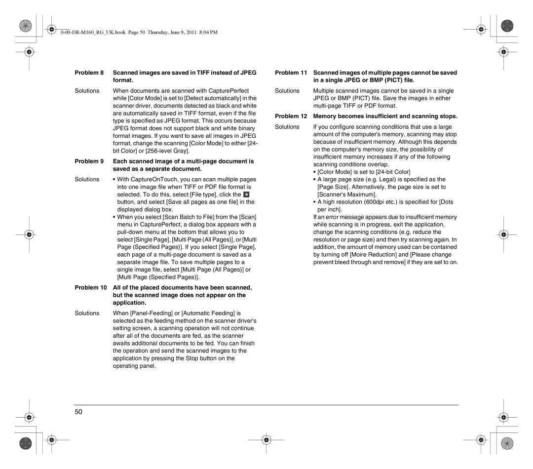 Canon DR-M160 manual Problem, Format, Saved as a separate document, But the scanned image does not appear on, Application 