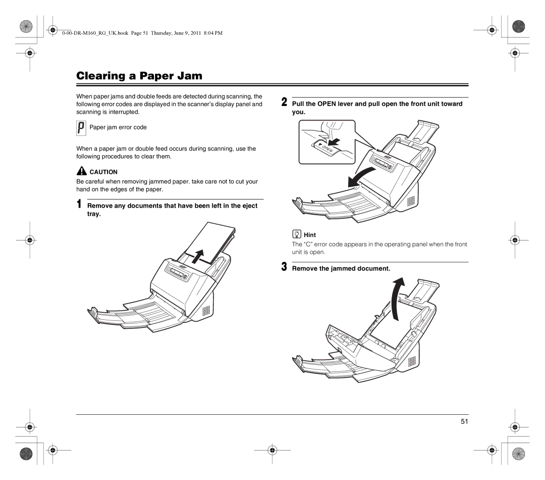 Canon DR-M160 manual Clearing a Paper Jam, Remove the jammed document 