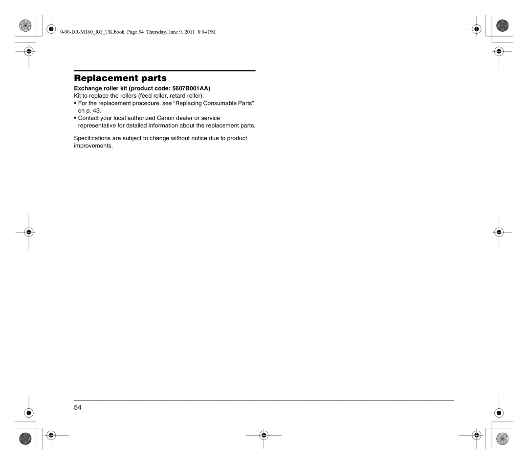 Canon DR-M160 manual Replacement parts, Exchange roller kit product code 5607B001AA 