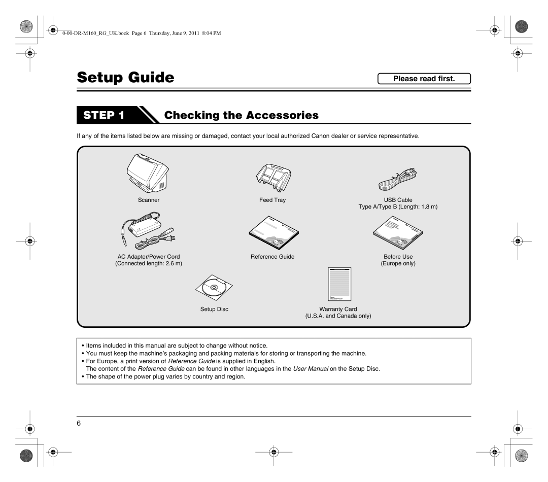 Canon DR-M160 manual Setup Guide, Checking the Accessories 