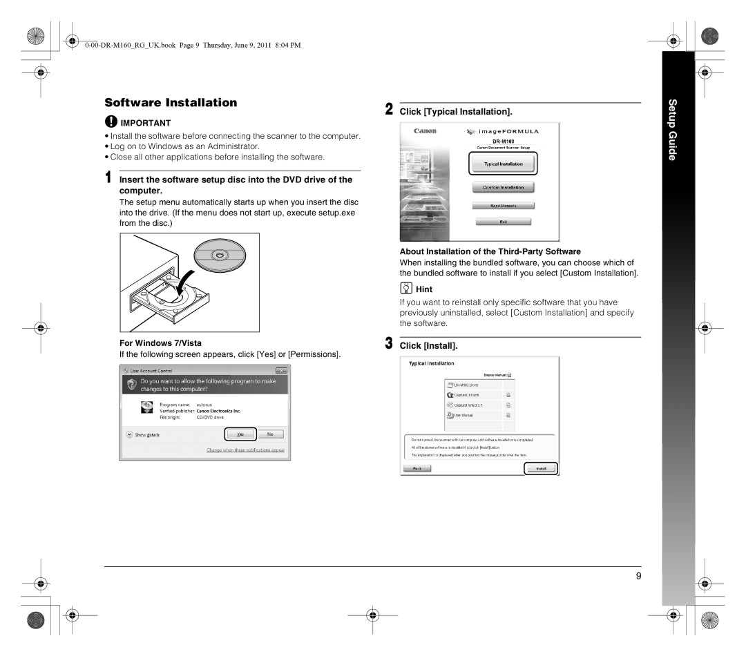 Canon DR-M160 manual Software Installation, For Windows 7/Vista, Hint, Click Install 