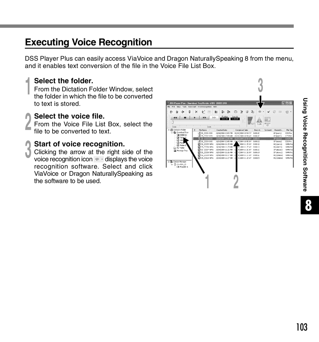 Canon DS-2 manual Executing Voice Recognition, Start of voice recognition, Clicking the arrow at the right side 