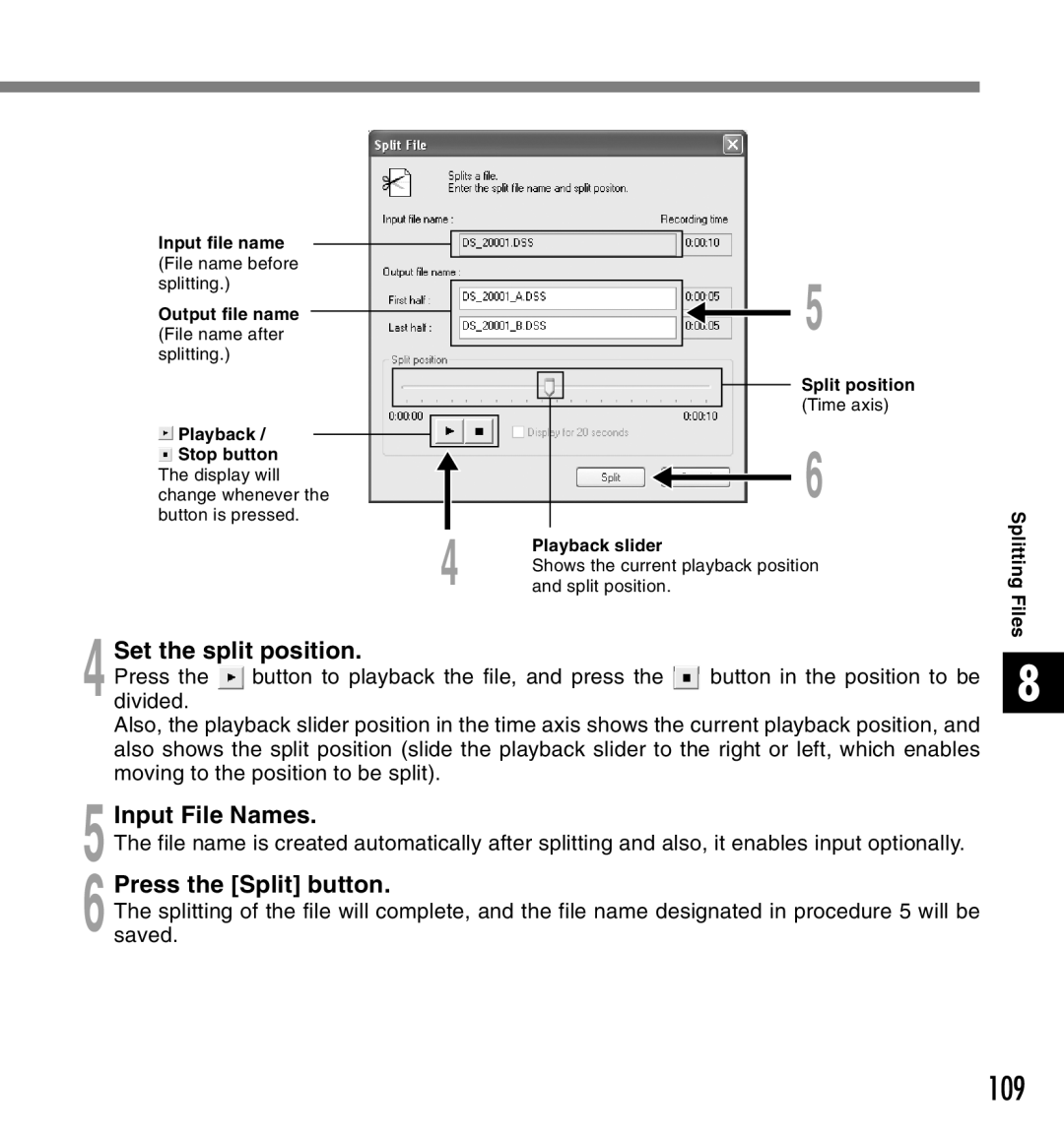 Canon DS-2 manual Set the split position, Input File Names, Press the Split button 