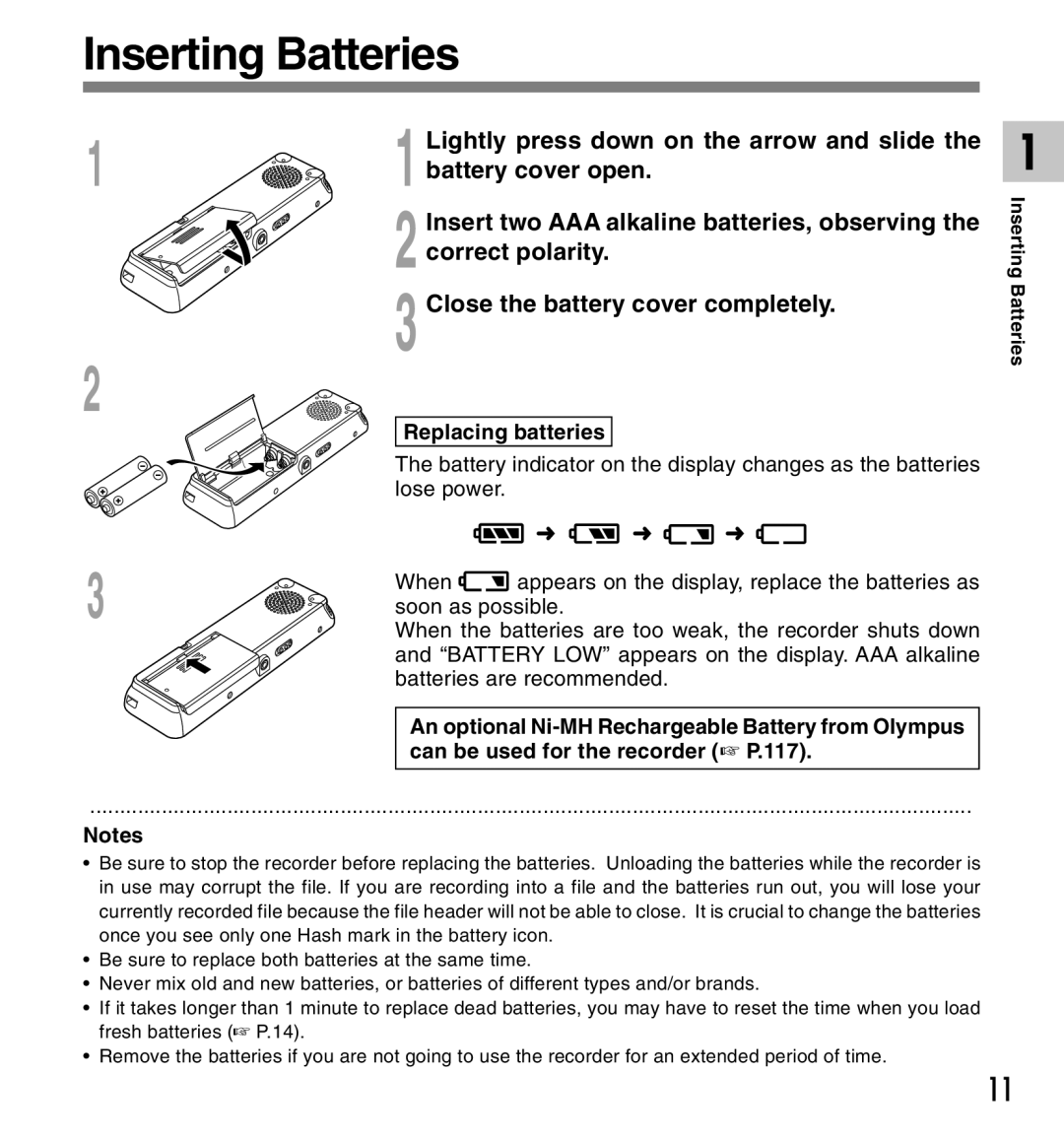 Canon DS-2 manual Inserting Batteries, Lightly press down on the arrow and slide, Battery cover open, Replacing batteries 