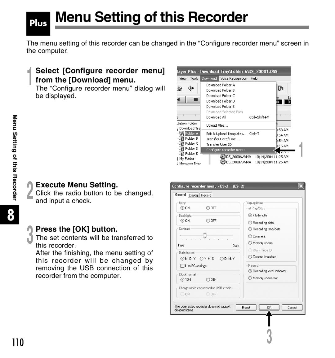 Canon DS-2 manual Plus Menu Setting of this Recorder, 1Select Configure recorder menu from the Download menu 