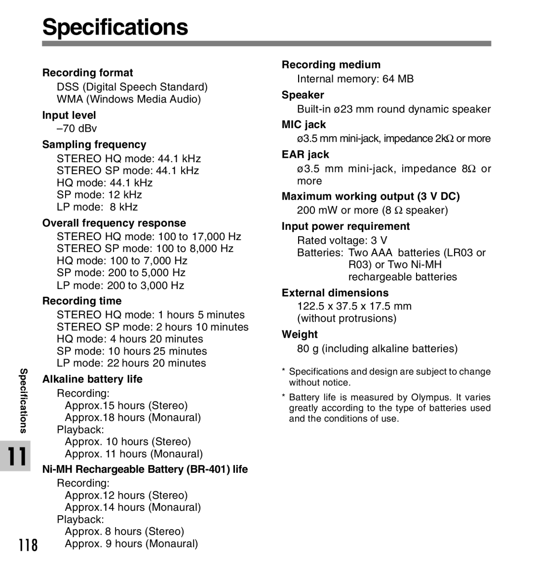 Canon DS-2 manual Specifications 