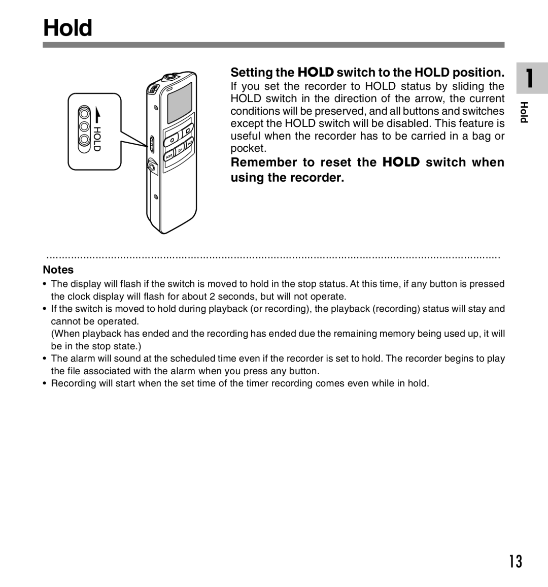 Canon DS-2 Setting the Hold switch to the Hold position, Remember to reset the Hold switch when using the recorder 