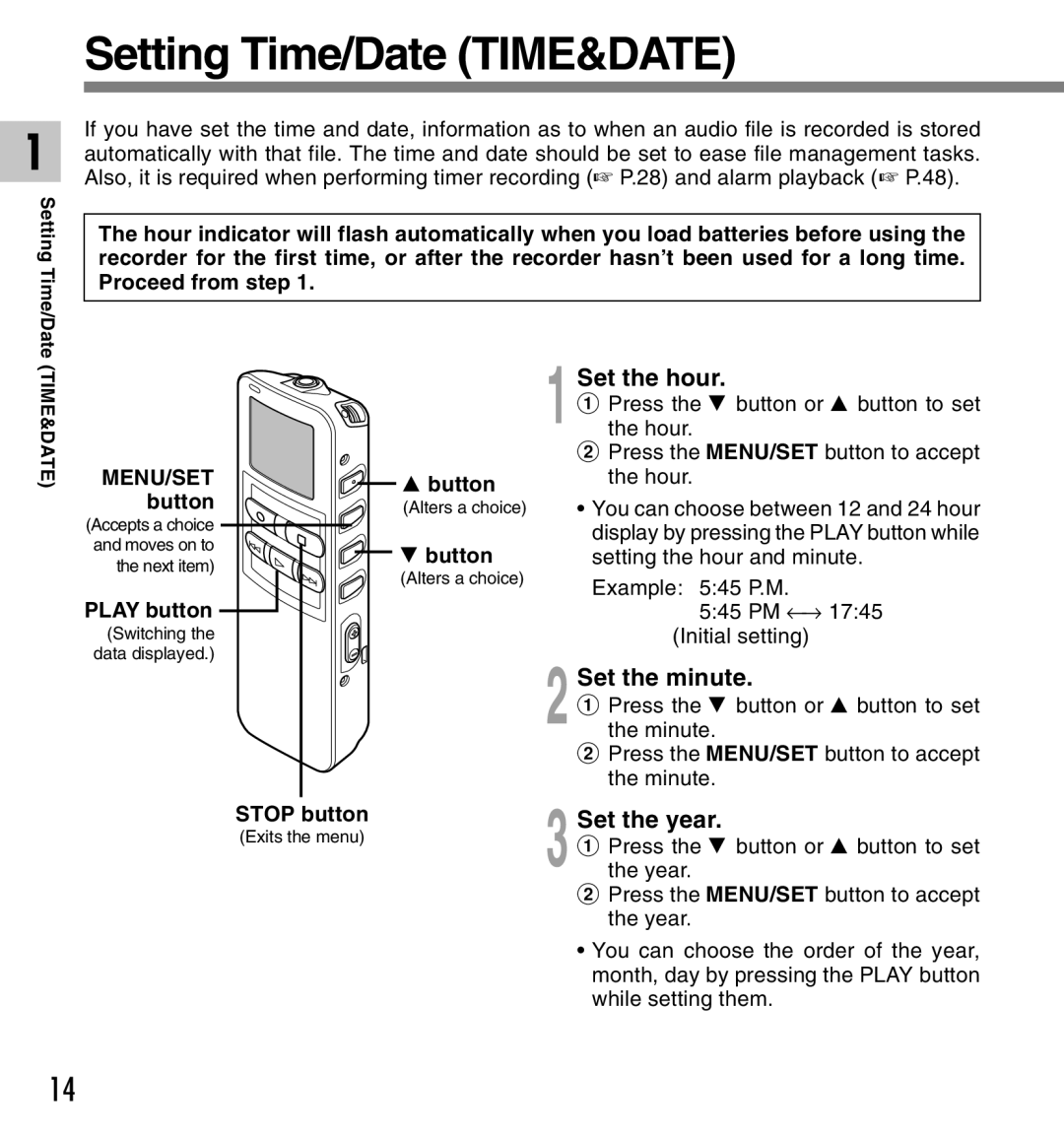 Canon DS-2 manual Setting Time/Date TIME&DATE, Set the hour, Set the minute, Set the year 