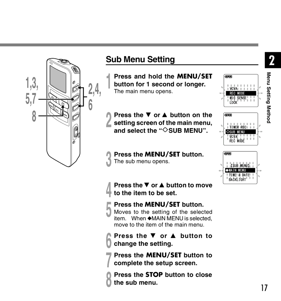 Canon DS-2 manual Sub Menu Setting 