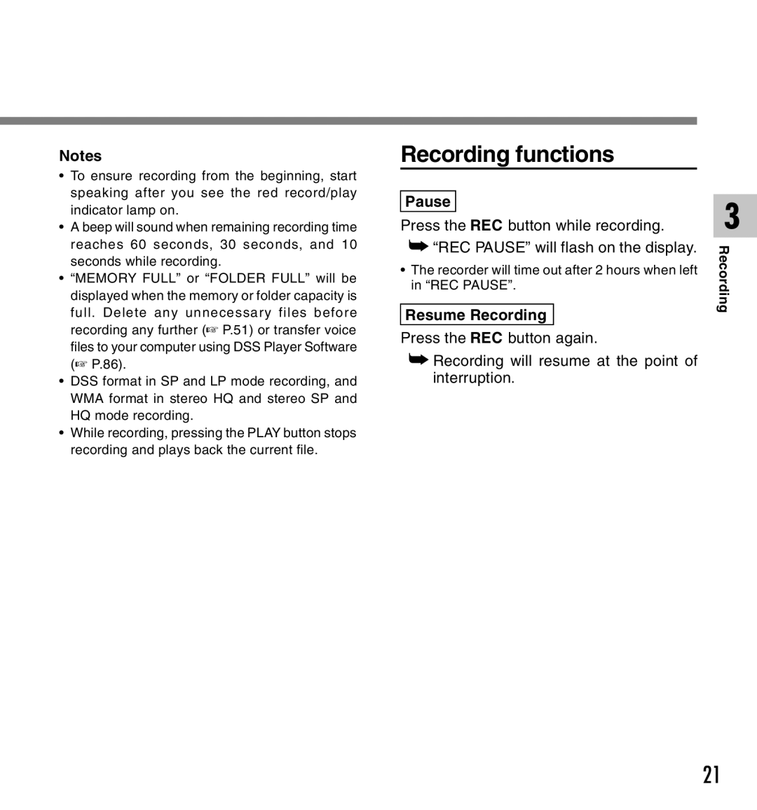 Canon DS-2 manual Recording functions, Pause, Resume Recording 