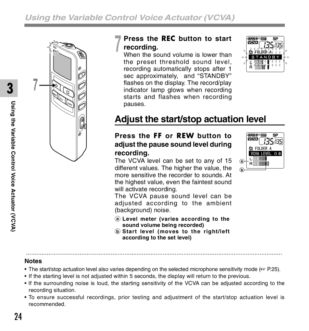 Canon DS-2 manual Adjust the start/stop actuation level, Using the Variable Control Voice Actuator Vcva 